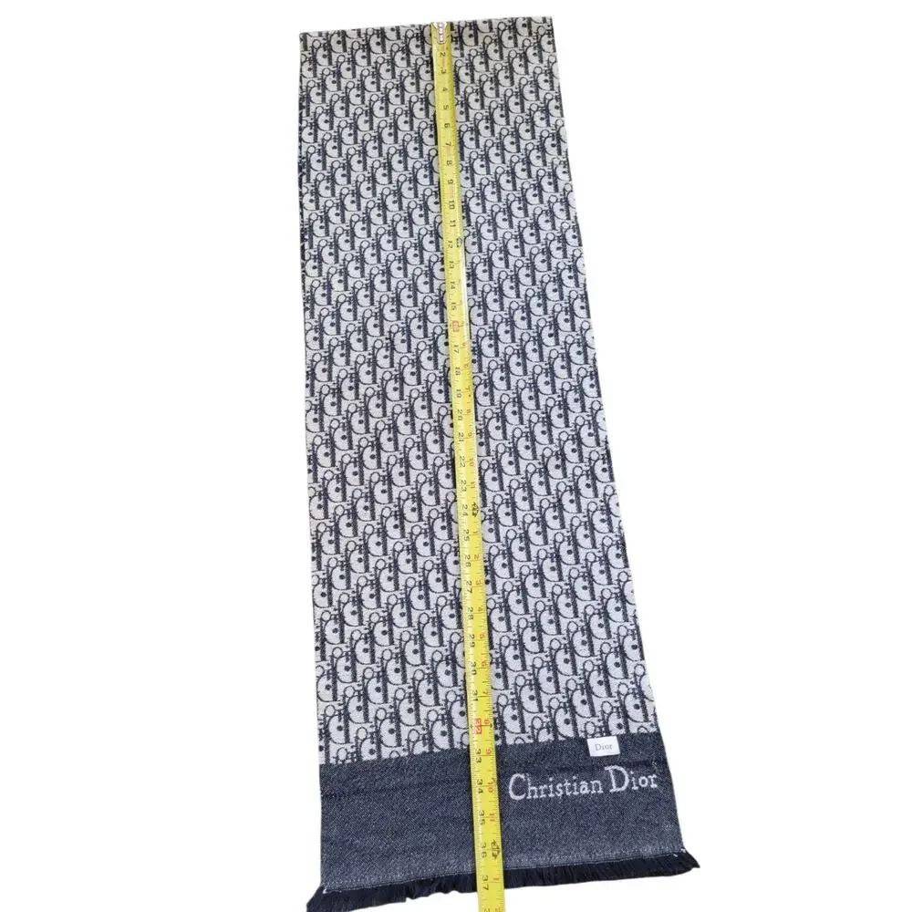 Christian Dior MONOGRAM Oblique 100% Cashmere Scarf Navy Blue & Cream 74